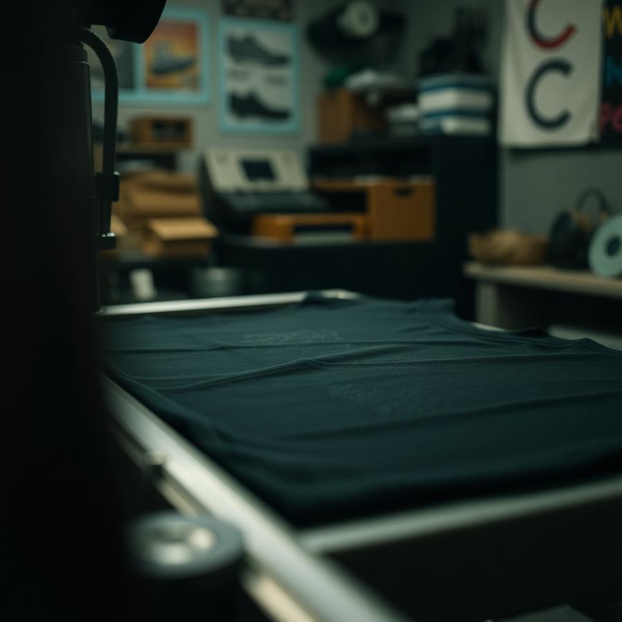 Screen printing press pressing ink onto a black tee in the 757 Tees R Us shop