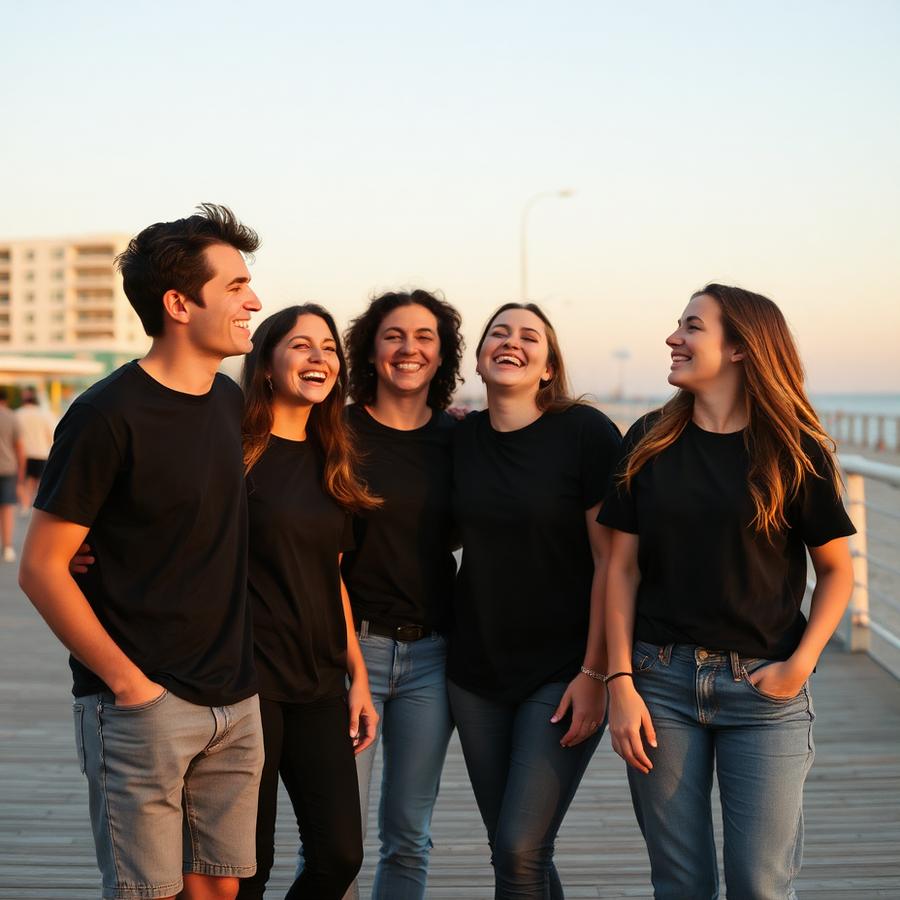 Friends wearing matching black tees on the Virginia Beach boardwalk