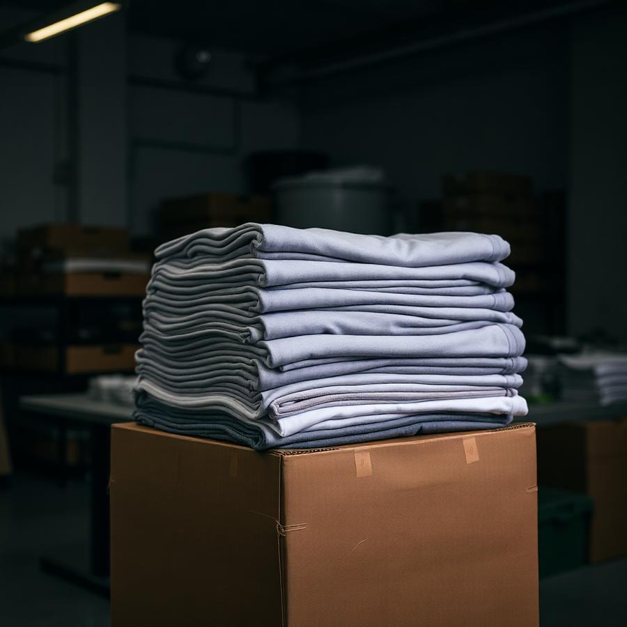 Stack of freshly printed shirts boxed for a bulk Hampton Roads order